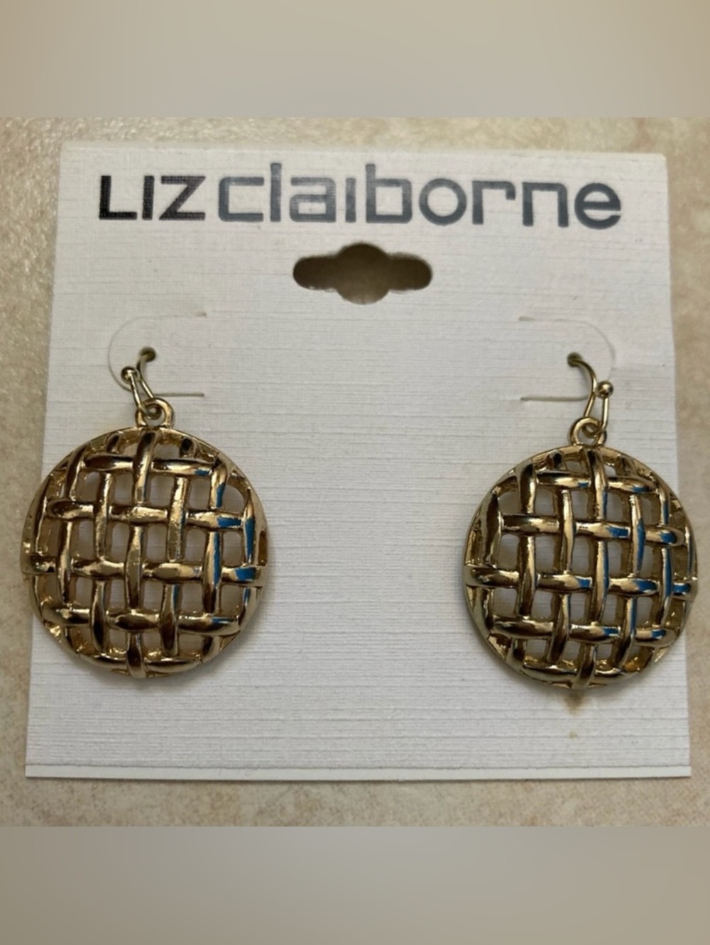 *BRAND NEW* Liz Claiborne Gold Circle Open Woven Lattice Round Drop Earrings
